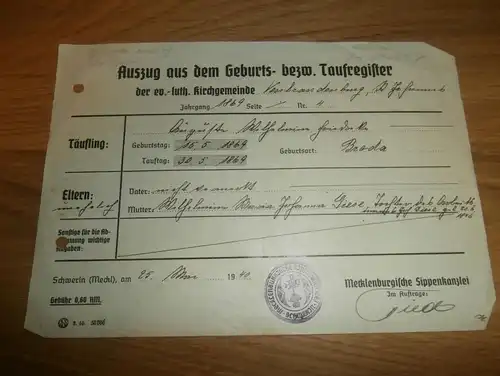 Dokument Sippenkanzlei , 1940 , Broda b. Neubrandenburg , W. Giese , Schwerin !!!