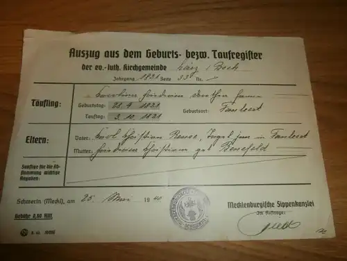 Dokument Sippenkanzlei , 1940 , Lärz / Boeck , Sommer , Faulerort , Bessefeld , Beuse , Schwerin , Mecklenburg !!!