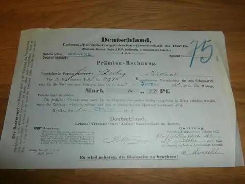 Prämien-Rechnung , 1910 , H. Mussehl , Friedland i. Mecklenburg , J. Schostag , Lebensvericherung , Berlin !!!