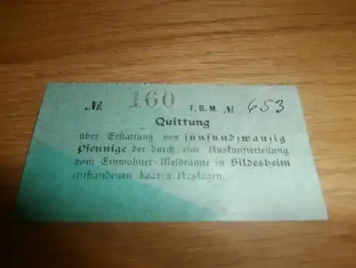 Einwohner-Meldeamt Hildesheim , ca. 1910 , Quittung , Beleg , Einwohnermeldeamt , Stadtverwaltung !!!