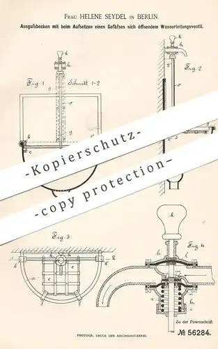 original Patent - Helene Seydel , Berlin , 1890 , Ausgussbecken mit sich öffnendem Ventil | Klempner , Waschbecken !!!