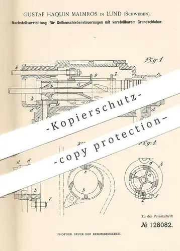 original Patent - Gustaf Haquin Malmros , Lund / Schweden 1900 | Kolbenschiebersteuerung mit verstellbarem Grundschieber