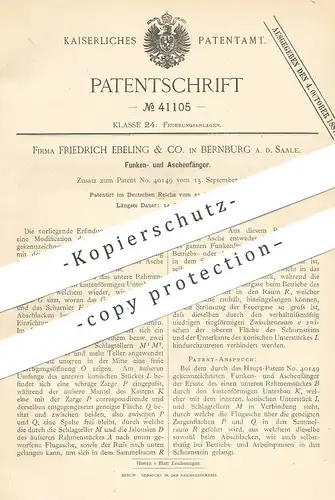 original Patent - Friedrich Ebeling & Co. , Bernburg / Saale  1887 , Funkenfänger , Aschenfänger | Esse Schornstein Ofen