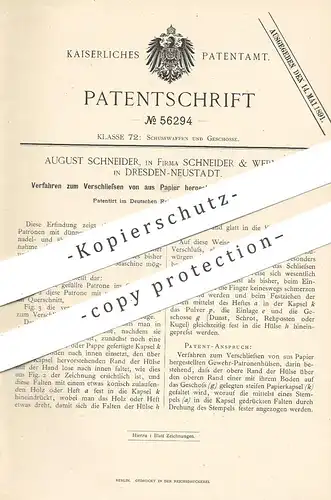 original Patent - Fa. Schneider & Werner , Dresden / Neustadt , 1890 , Gewehr - Patronenhülsen aus Papier | Waffen !!