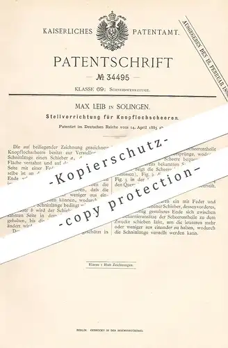 original Patent - Max Leib , Solingen 1885 | Stellvorrichtung für Knopflochschere | Schere , Scheren , Messer , Werkzeug