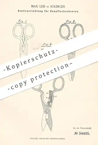 original Patent - Max Leib , Solingen 1885 | Stellvorrichtung für Knopflochschere | Schere , Scheren , Messer , Werkzeug