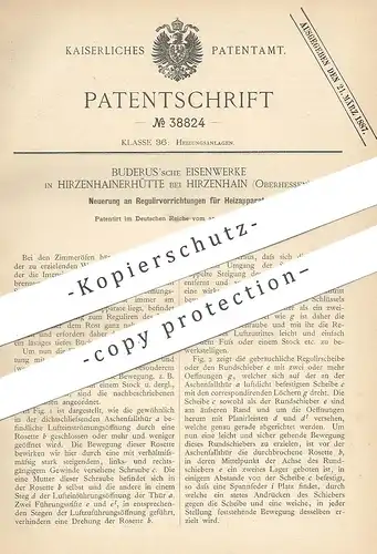 original Patent - Buderus 'sche Eisenwerke , Hirzenhainerhütte / Hirzenhain / Hessen | 1886 | Regulierung für Heizung !!