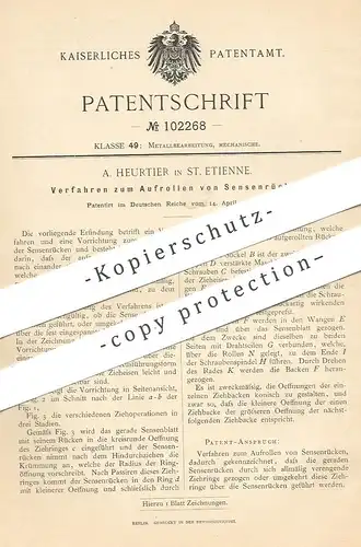 original Patent - A. Heurtier , St. Etienne , Frankreich , 1898 , Aufrollen von Sensenrücken | Sense , Sensen | Eisen