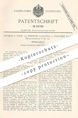 original Patent - Thomas C. Page , Emerson Gaylord , Chicopee Falls , Massachusetts , USA , 1890 , Reibmaschine | Reibe
