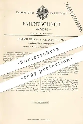 original Patent - Heinrich Messing , Offenbach / Main , 1890 , Druckknopf für Haustelegraphen | Telegraf , Telegraph !!!