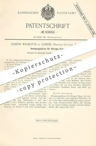 original Patent - Joseph Wilmotte , Chênée , Lüttich , Belgien , 1891 , Reinigungspfanne für flüssiges Eisen | Pfanne !