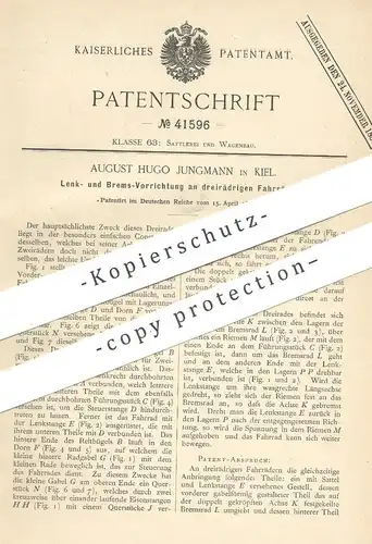 original Patent - August Hugo Jungmann , Kiel , 1887 , Lenkung und Bremse an Dreirad , Fahrrad | Velociped !!
