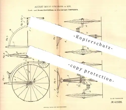 original Patent - August Hugo Jungmann , Kiel , 1887 , Lenkung und Bremse an Dreirad , Fahrrad | Velociped !!