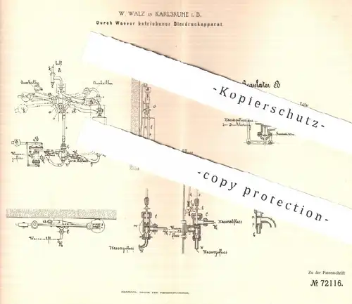 original Patent - W. Walz , Karlsruhe , 1892 , per Wasser betriebener Bierdruckapparat | Bier Zapfanlage , Druckapparat