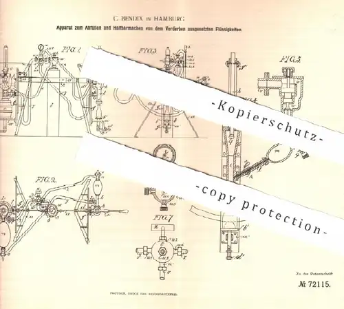 original Patent - C. Bendix , Hamburg , 1892 , Apparat zum Abfüllen und Haltbarmachen von Flüssigkeiten | Zapfanlage !!