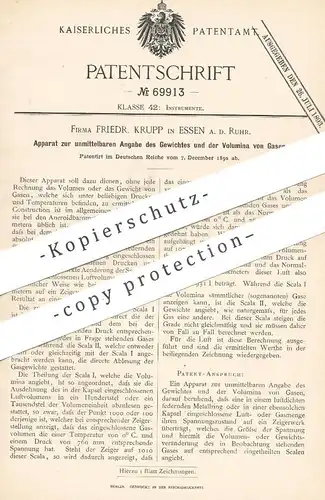 original Patent - Friedr. Krupp , Essen / Ruhr , 1892 , Angabe von Gewicht u. Volumen von Gas | Gase !!!
