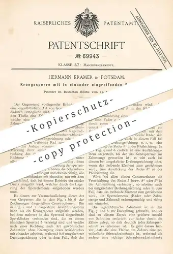 original Patent - Hermann Kramer , Potsdam , 1892 , Krongesperre | Zahnrad , Stirnrad , Maschine , Gesperre , Schlosser