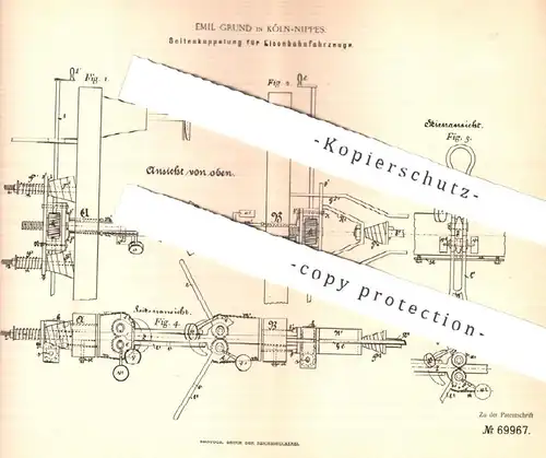 original Patent - Emil Grund , Köln / Nippes , 1892 , Seitenkupplung für Eisenbahn | Eisenbahnen , Kupplung !!!