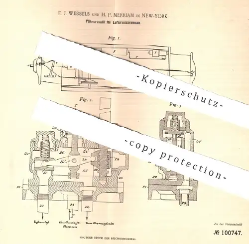 original Patent - E. J. Wessels und H. P. Merriam , New York USA , 1897 , Führerventil für Luftdruckbremsen | Eisenbahn