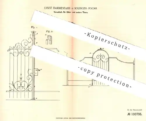original Patent - Ernst Hammesfahr , Solingen / Foche , 1897 , Verschluss für Gitter u. Tore | Schloss , Tür , Beschlag