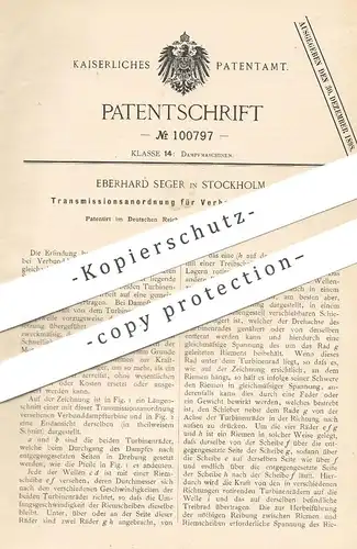 original Patent - Eberhard Seger , Stockholm , 1897 , Transmissonsanordnung für Dampfturbinen | Turbine , Dampfmaschine