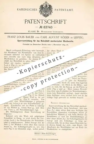original Patent - Franz Louis Bauer & Carl August Röder , Leipzig , 1894 , Sperre f. Notenblatt mechan. Musikinstrumente