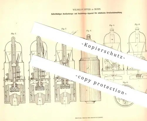 original Patent - Wilhelm Effer , Bonn , 1878 , Anzünden u. Löschen von Straßenbeleuchtung | Laterne , Lampe , Licht !!