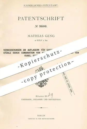 original Patent - Mathias Geng , Köln / Rhein , 1879 , Auflager für eiserne Brücke & Dachstuhl | Zimmermann , Brückenbau