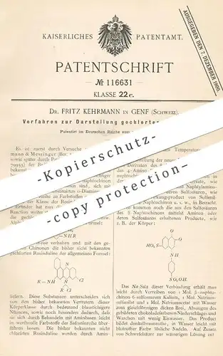 original Patent - Dr. Fritz Kehrmann , Genf , Schweiz , 1899 , Darstellung gechlorter Rosinduline | Messinger | Anilin