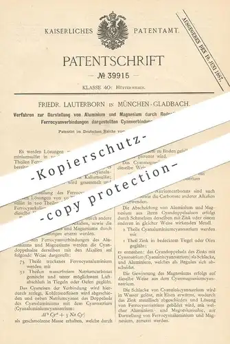 original Patent - Friedr. Lauterborn , München Gladbach , 1886 , Darstellung von Aluminium und Magnesium | Zink , Chemie