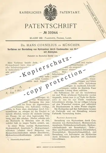 original Patent - Dr. Hans Cornelius , München , 1886 , Darst. von Hydrazoïnen per Kondensation von Hydrazoverbindungen