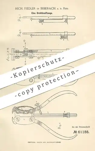 original Patent - Rich. Fiedler , Biberach / Riss , 1891 , Drahtkneifzange | Draht - Kneifzange | Zange | Werkzeug !!!