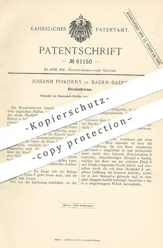 original Patent - Johann Pokorny , Baden Baden , 1890 , Kirschentkerner | Kirschen entkernen | Obst , Früchte , Garten