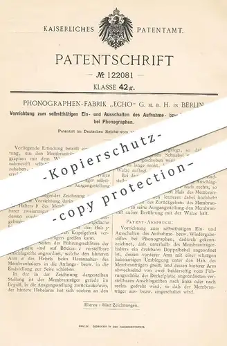 original Patent - Phonographen Fabrik Echo GmbH Berlin , 1900 , Aufnahme u. Wiedergabe beim Phonograph | Musik !!!