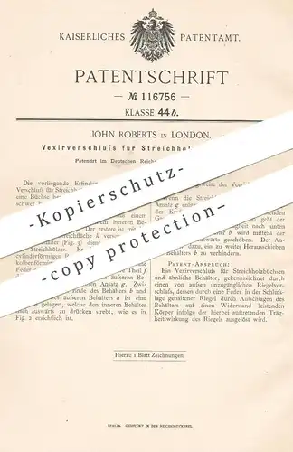 original Patent - John Roberts , London , England , 1899 , Vexierverschluss für Streichholzbüchse | Büchse , Dosen !!!