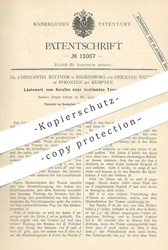 original Patent - Dr. Constantin Wittwer , Regensburg | Hermann Wetzer , Pfronten / Kempten 1880 | Läutewerk | Telegraph