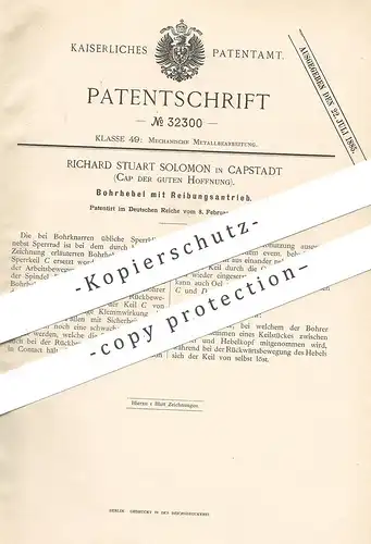 original Patent - Richard Stuart Solomon , Kapstadt , Südafrika , 1885 , Bohrhebel mit Reibungsantrieb | Bohrer , Metall