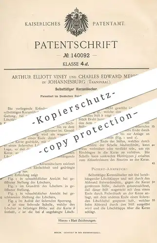 original Patent - Arthur Elliot Viney , Charles Edward Merrin , Johannesburg , Südafrika , 1901 , Kerzenlöscher | Kerzen