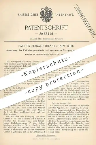 original Patent - Patrick Bernard Delany , New York , USA , 1885 , Entladungskontakte bei synchronen Telegraphen