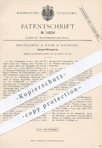 original Patent - Bromander & Haar in Hamburg , 1881 , Vakuum - Filtrierapparat | Filtration , Filter , Wasser , Brenner