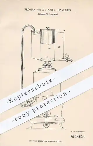 original Patent - Bromander & Haar in Hamburg , 1881 , Vakuum - Filtrierapparat | Filtration , Filter , Wasser , Brenner