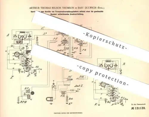 original Patent - Arthur Thomas Milnor Thomson , East Dulwich , England , 1899 , Fernsprecher , Telefon , Druck , Fax