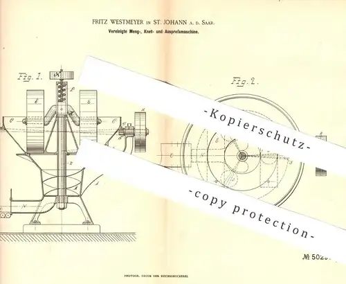 original Patent - Fritz Westmeyer , St. Johann / Saar , 1889 , Maschine zum Teig Kneten und Pressen | Bäcker , Bäckerei