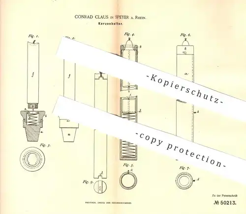 original Patent - Conrad Claus , Speyer / Rhein , 1889 , Kerzenhalter | Kerze , Kerzen | Licht , Brenner , Leuchter !!!