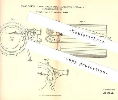 original Patent - Franz Sander | Wilhelm Hoffmann , Mühlhausen , 1887 , Vorspinnkrempel für geflammtes Garn | Krempel !!