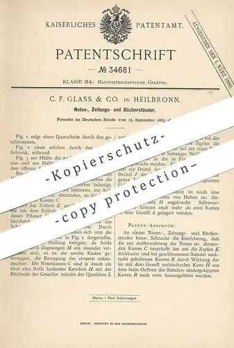 original Patent - C. F. Glass & Co. , Heilbronn , 1885 , Notenständer , Zeitungsständer | Ständer für Bücher | Pult !!