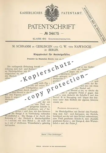 original Patent - M. Schramm , Geislingen | G. W. v. Nawrocki , Berlin 1885 , Klappdeckel für Henkelgefäß | Gefäß Deckel