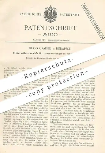 original Patent - Hugo Graepel , Budapest , 1886 , Verschluss für Überwurfbügel an Flaschenstöpsel | Flasche , Korken