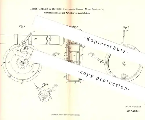 original Patent - James Calder , Dundee , Grafschaft Forfar , England , 1885 , Angelwinde | Angel , Angler , Fischer !!!