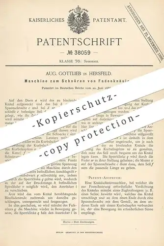 original Patent - Aug. Gottlieb , Hersfeld , 1886 , Schnüren von Fadenknäul | Spinnerei , Weben , Weber , Faden , Garn